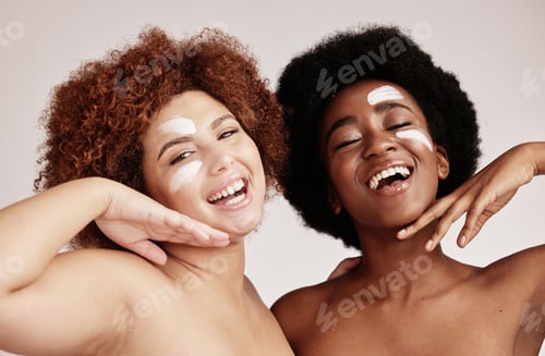 Preview: Skincare, cream and women diversity portrait happy in studio with dermatology, cosmetics and beauty