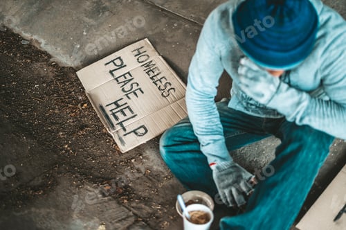 Preview: Begging under the bridge with a cup containing coins and instant noodles