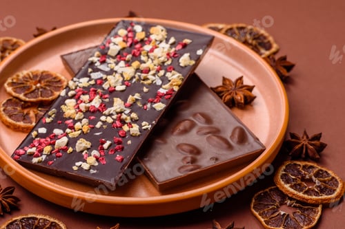 Vorschau: Tafelsüße, handwerklich hergestellte Schokolade mit getrockneten Früchten, die zu Hause hergestellt werden. Schokolade herstellen