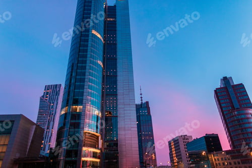 Preview: Beautiful modern city of Warsaw with office and business buildings on an amazing evening sunset