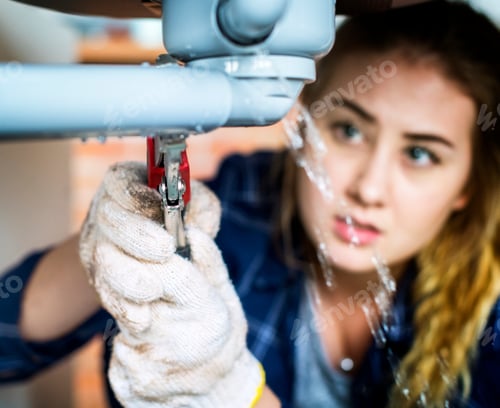 Preview: Woman fixing kitchen sink