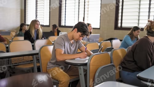 Preview: Young people studying inside university classroom - School education concept