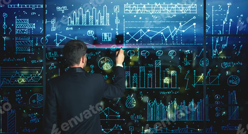 Preview: Businessman Drawing Business Statistics On Glass Wall