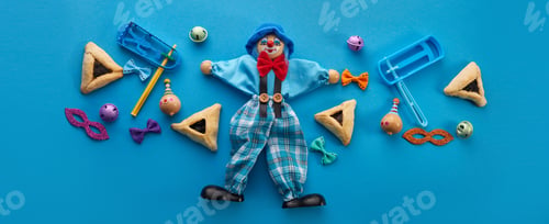 Preview: Purim celebration concept. Jewish carnival background. hamantaschen or hamans ears cookies, carnival
