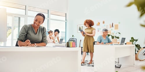 Preview: Fashion designer, black woman or drawing sketch for clothes ideas, plan or draft in small business