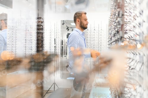 Preview: Man choosing glasses in eyewear store