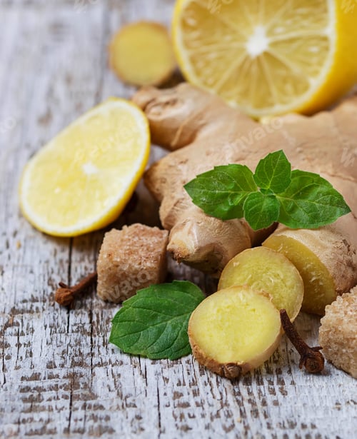 Preview: Ginger, lemon and mint on light background