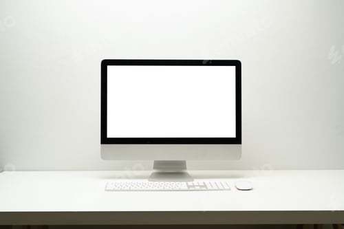 Preview: Front view of bank screen computer, wireless keyboard and mouse on white table.