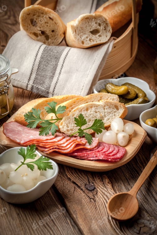 Preview: Tapas with sliced sausage, salami, olives, marinated onions, cucumber and parsley on a wooden table.