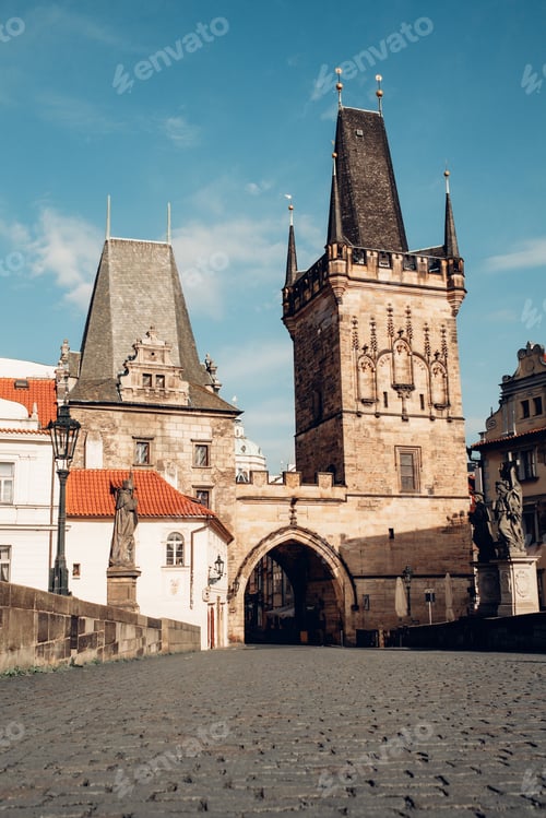 Preview: Famous medieval Charles - Karlov bridge across Vltava river. Historic, old district of capital