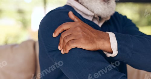 Preview: Senior man, hands and shoulder with pain in home from arthritis, osteoporosis and tired joints, mus