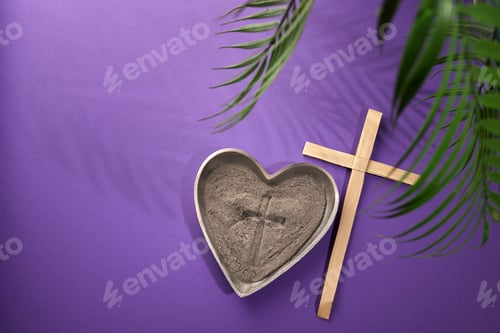 Preview: Ash Wednesday, Lent Season and Holy Week concept. Christian crosses and ashes on purple background.