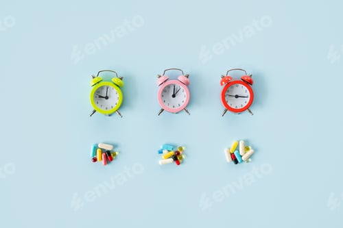 Preview: Medication Reminders. Pills, drugs work bedtime, schedule. Time to take medication. Color Alarm