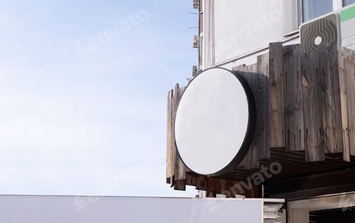 Preview: white round logo on building wall , exterior for mockup design