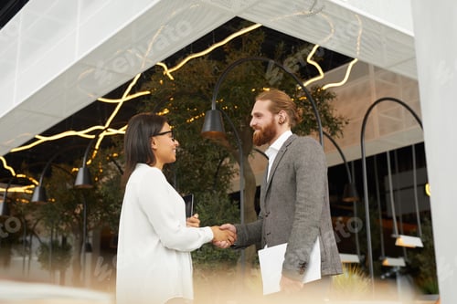 Preview: Business people greeting each other outdoors