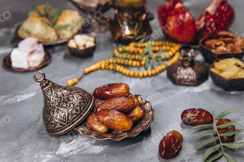 Preview: Ramadan table, dates on the background of traditional dishes with other meal, dried fruits