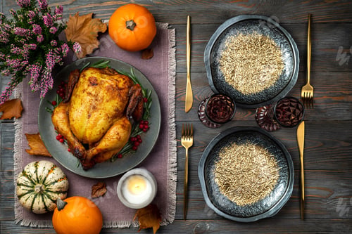 Preview: Festive table setting, roasted chicken or turkey for Thanksgiving Day on wooden table