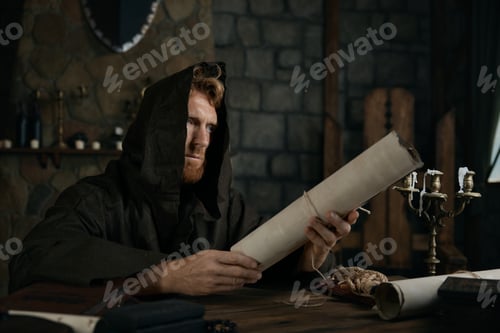 Preview: Religious man in hooded cape holding obsolete parchment in hands
