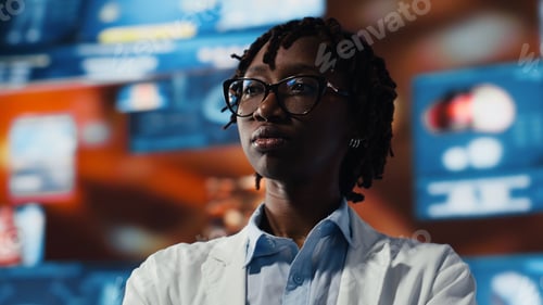 Vista previa: Close up of doctor using videowall to look at holographic medical data charts