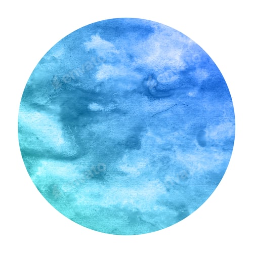 Preview: Cold blue hand drawn watercolor circular frame background texture with stains. Modern design element