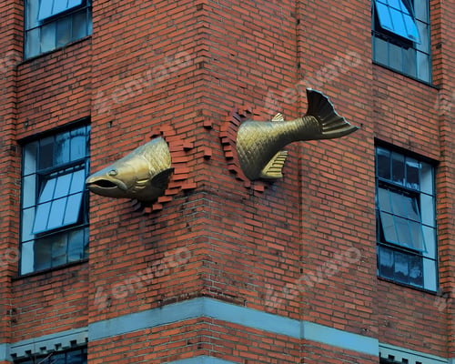 Preview: gold fish sculptures are attached to the side of a building