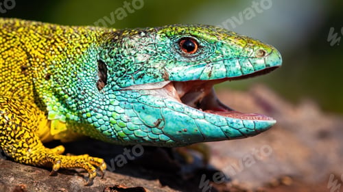 Preview: Green lizard with a happy look opening mouth on a close-up shot