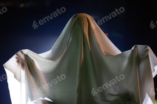 Preview: Spooky Figure in White Sheet Against Dark Background