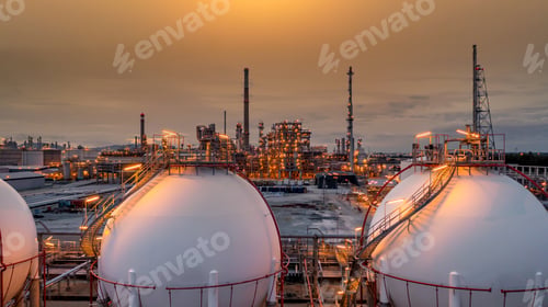 Preview: Gas storage sphere tank in petrochemical industry zone with oil and gas refinery factory plant.