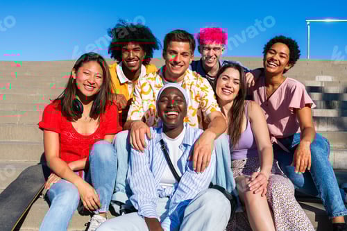 Preview: Multiethnic group of young happy friends hanging out
