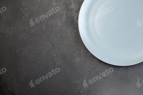 Preview: top view blue plate on dark background glass food cutlery ceramic table kitchen color meal