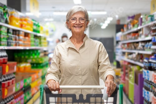 Preview: Caucasian elderly woman while purchasing household products in supermarket