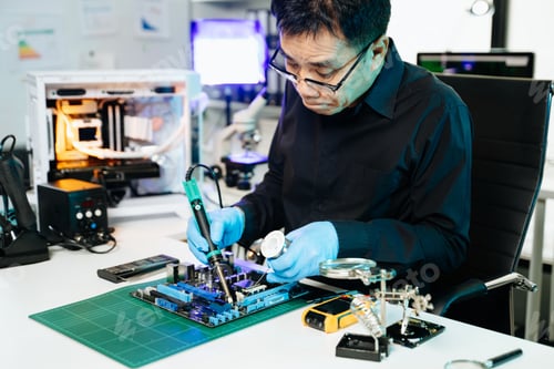 Preview: Engineer repairing computer motherboard with soldering iron in modern lab