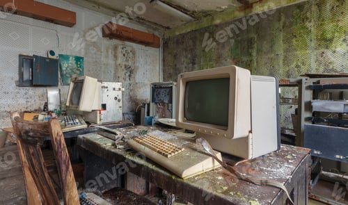 Preview: Old computers from the 80s in an abandoned computing center