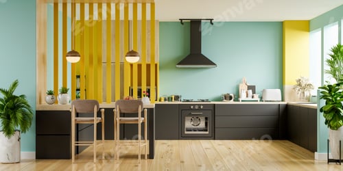 Preview: Modern kitchen interior with furniture.Stylish kitchen interior with green wall.
