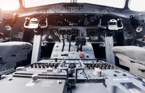 Preview: Display with information. Close up focused view of airplane cockpit