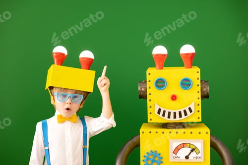 Preview: Happy child with toy robot in class