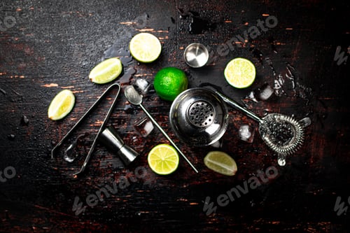 Preview: Cocktail ingredients. Against a dark background.