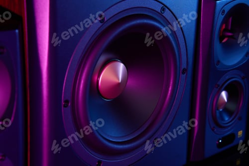 Preview: Two sound speakers and subwoofer on dark background with neon lights
