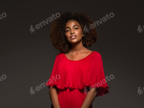Preview: Black skin beautiful woman healthy beauty happy face african american woman model girl in red dress