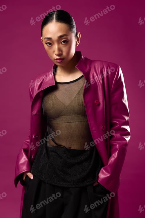Preview: Asian woman purple leather jacket black pants posing purple background beauty fashion portrait