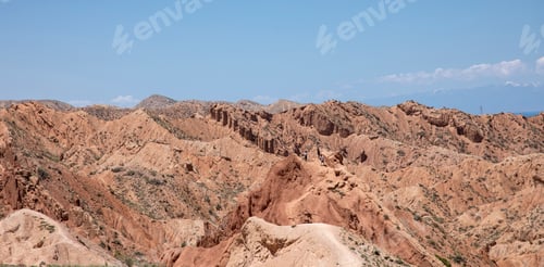 Preview: Panoramic photo of the arid desert of Skazka Canyon in Kyrgyzstan.