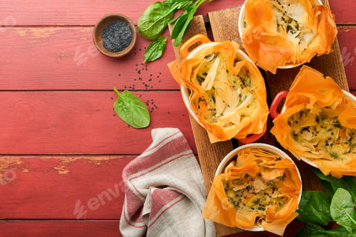 Preview: Filo pies with soft feta cheese and spinach in ceramic molds on old red wooden table backgrounds. Fi