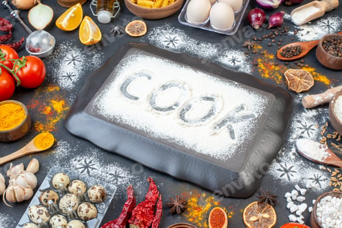 Preview: front view flour cook writing eggs vegetables raw pasta and seasonings on dark background vegetable