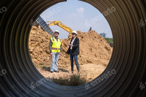 Preview: Construction Manager and engineer working construction site blueprint and laptop for survey inspecti