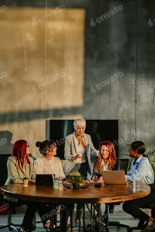 Preview: Female mature expert having briefing with her team at the boardroom.
