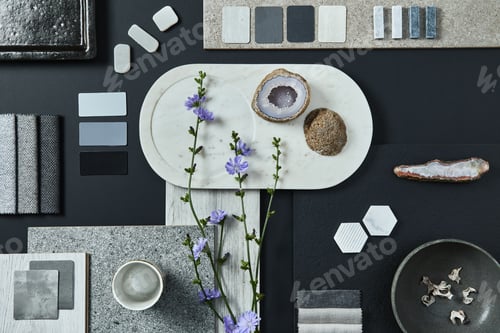 Preview: Flat lay composition of creative black architect moodboard