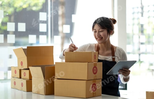 Preview: Portrait of Starting small businesses SME owners female entrepreneurs working on receipt box and