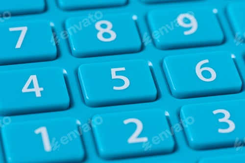 Preview: Button with numbers on a blue plastic calculator, keyboard