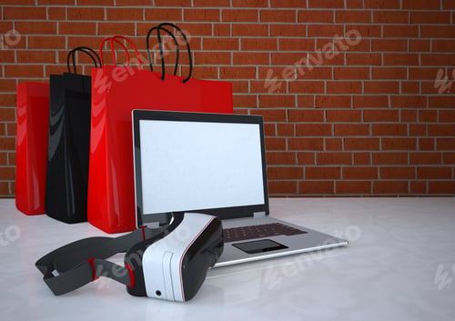 Preview: 3D Illustration, VR Shopping, vr glasses with shopping bags and notebook
