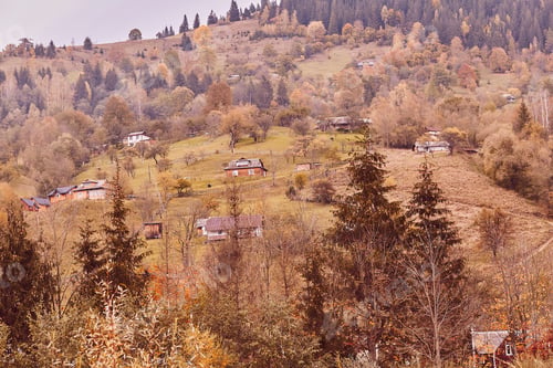Preview: Autumn rustic background, atmospheric ukrainian village with houses on the hills